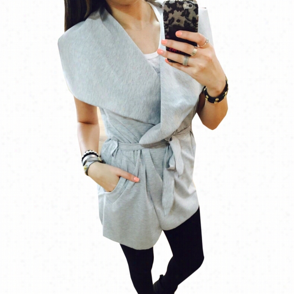 Fashion Casual Sleeveless Turn-down Neck Front Open Slim Cistern Meander Coat With Belt