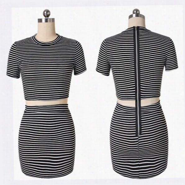 Fashion Fashion Women O-neck Short Sleeve Stripr Stretch Dress High Waist Splics Pencil Dress