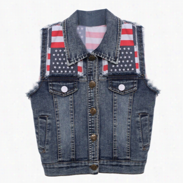 Fashion Kids Boys Children Slim Fitted National Flag Patern Design Deinm Jean Vest Jacket