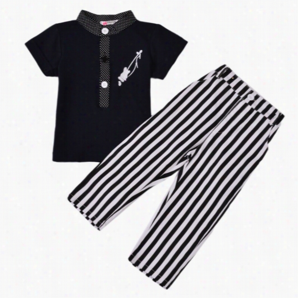 Fashion Kids Boys Two Pieces England Style Short Sleeve Patchwork T-shirt And Elastic Waist Striped Pants Clothing Set