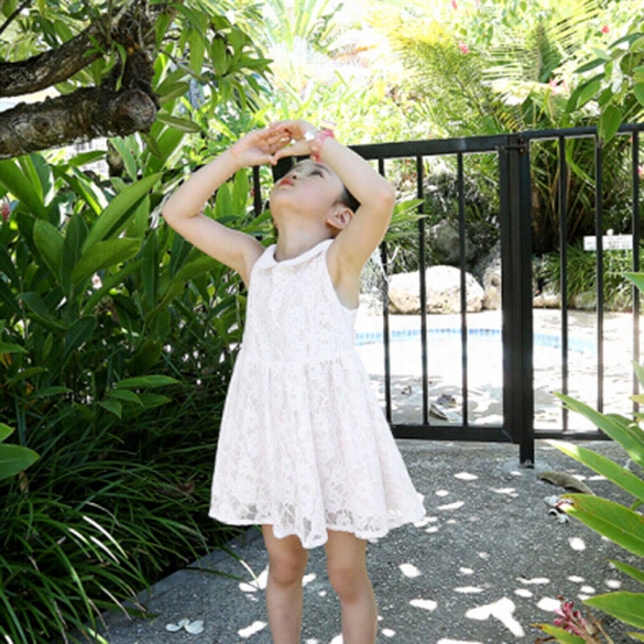 Fashion Kids Girl's Doll Collar Sleeveless 2 Layers Back Hollow Out Lace Tank Dress