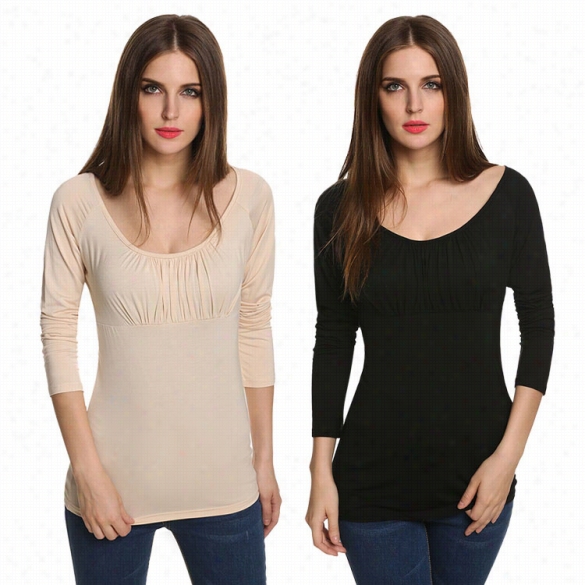 Fashion Ladies Women Scoop Neck Loonng Sleeeve Ruched Solid Slim Casual Blouse Tops T-shirt