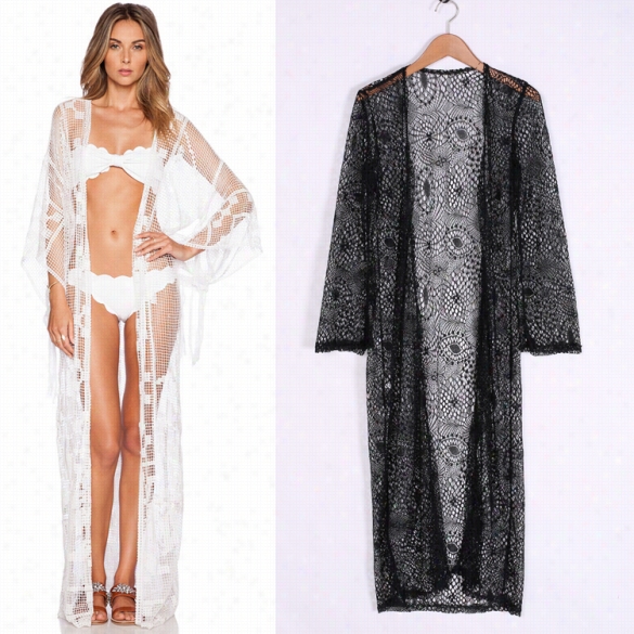 Fashion Ladies Women Sexy Flare Sleeve  Crochet Hollow Out Full Length Loose Cover-up Swimwear