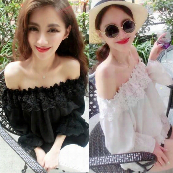 Fashion Sexy Lady Women's Slash Neck Flouncing Off-shoulder 3"44 Sleeve Bottoming Shirt