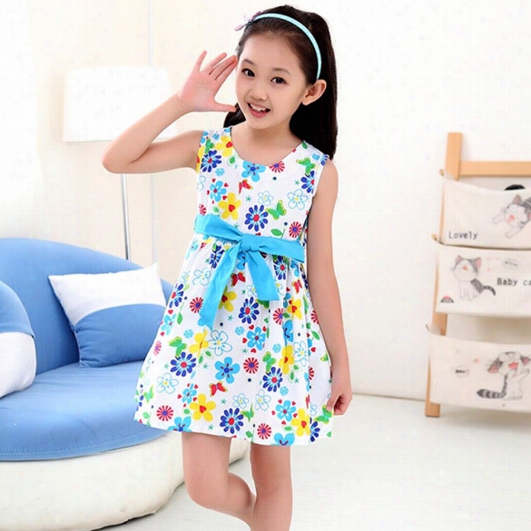 Gentility Summer Kids Girls Sleevelless Floral High Waist Drss O-neck Bow A-l Ine Sundress