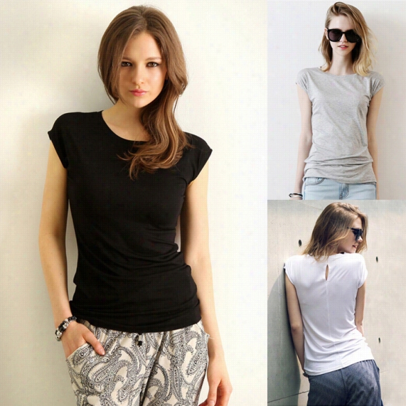 Fashikn Women Casual O-neck Short Lseeve Back Slice Solid Slim T-shirt Tops