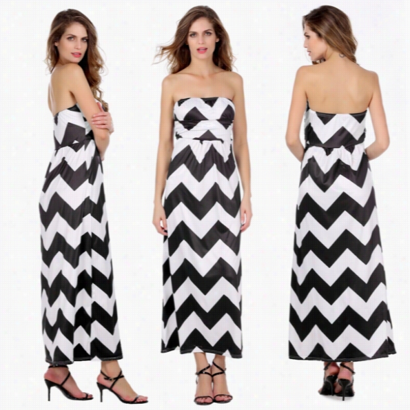 Fashion Women Laadies Sexy Strapless High Waist Striped Maxi Party Cocktail A ~ Time Dress