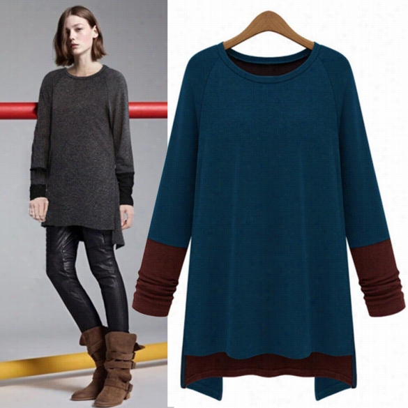 Fashion Women Long Sleeve Stitching Color Blouse Company Neck Tops Loose T--shirt