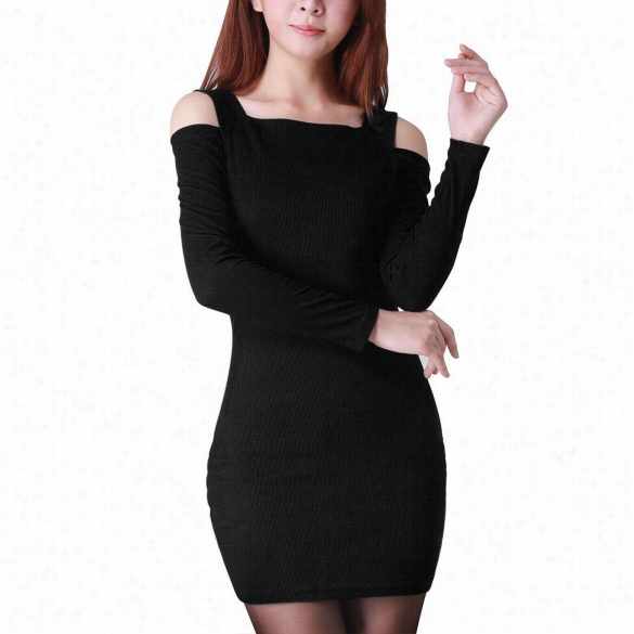 Fashiom Wome N Off S Houlder Square Neck Long Sleeve Solid Syretch Slender Mini Pencil Dress