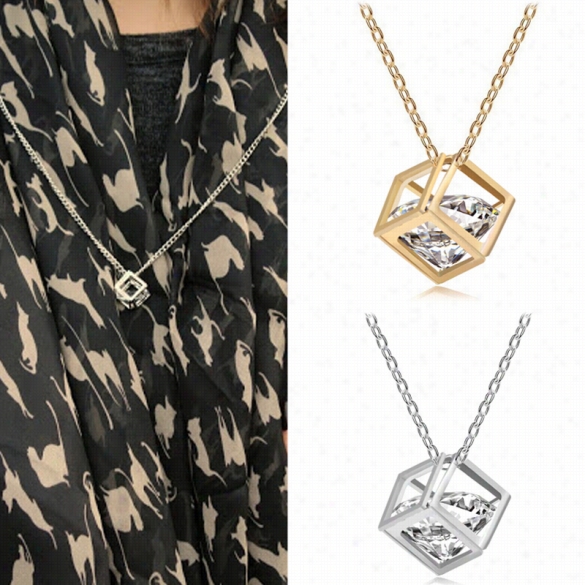 Fashion Women Romantic Rhinestone Crystal Cube-shaped Pendant Necklaace Chainn Ecklace