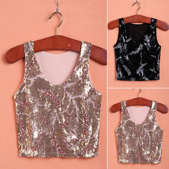 Fashion Women Sequins O-neck  Tank Vest Top Party Acsual Wear Sleeveless Crop Tops