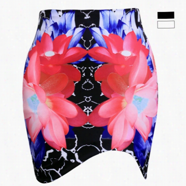 Fashion Women Slim Irregular Heem High Waist Flower Print Minipencil Skirrt