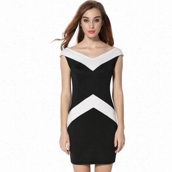 Finejo Fashion Women Sleeveless Black White Patchwork V-neck Summer Party Dress