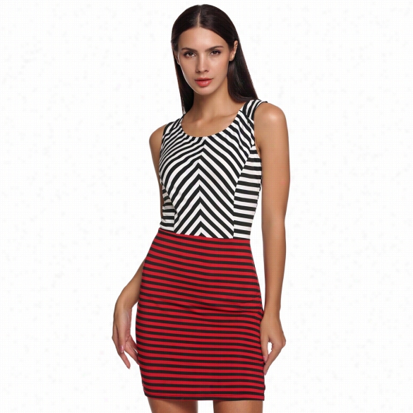 Finejo Fashion Women Stripe Stitcing O-neck Sleeveless Slim Bodycon Casual Mini Pencil Dress Tank Clothes