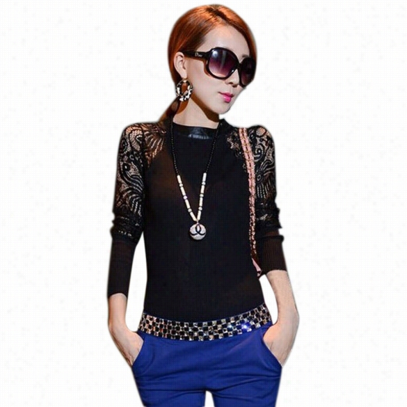 Finejo Sexy Women's Lace Splicing Extended Sleeve  Blouse Tops Casual Join Shirt