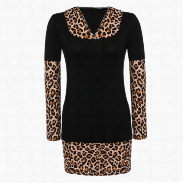 Finejo Stylish Ladies Womenlong Sleeve Leopard Stretch Bodycon Patchwork Mini Dress