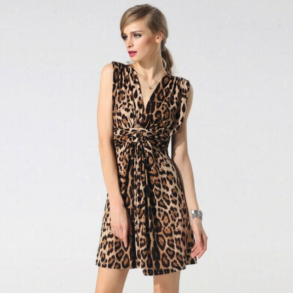 Finejo Stylish  Women V Neck Slee Veless Drape Ruched Leopard Weak Casual Sundress Tank Dress