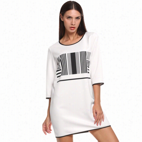 Finejo Women Fashion Casual 3"4 Sleeve Stripe Prin T Contrast Color Straight Short Prepare