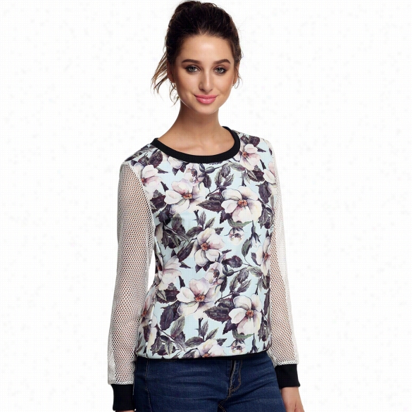 Finem Owomen Adapt Lady  Long Mesh Slweve O Neck Floral Print Patchwork Casual Loose Ttop Blouse