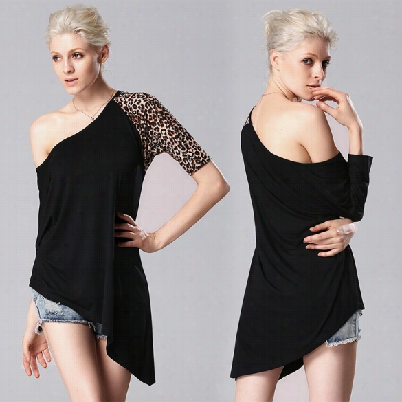 Finjo Wom En Fashion Sexy Casual Half Sleeve Irregulr Leopard Contrasst Distort Patchwor Kt Shirt Tops