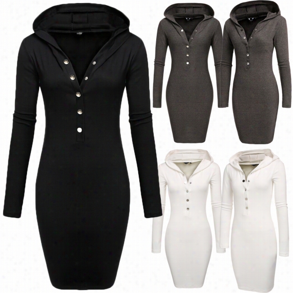 Finejo Women Sexy Lady Hooded Long Sleeve Bodycon Slim Fit Solid Casual Party Pencil Dress