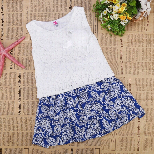 High Qquality Fashion Baby Girls O-neck Lace Tank Tops Pr Int Mini A-line Skirt Two Piece Set