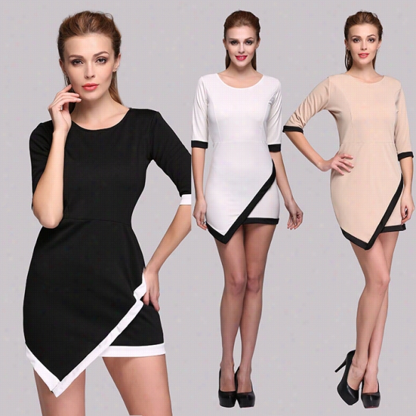 High Quality Stylis Hlady Women Asymmetrical O-neck Medium Sleeve Slim Bodycon Knee-length Casual Party Dress