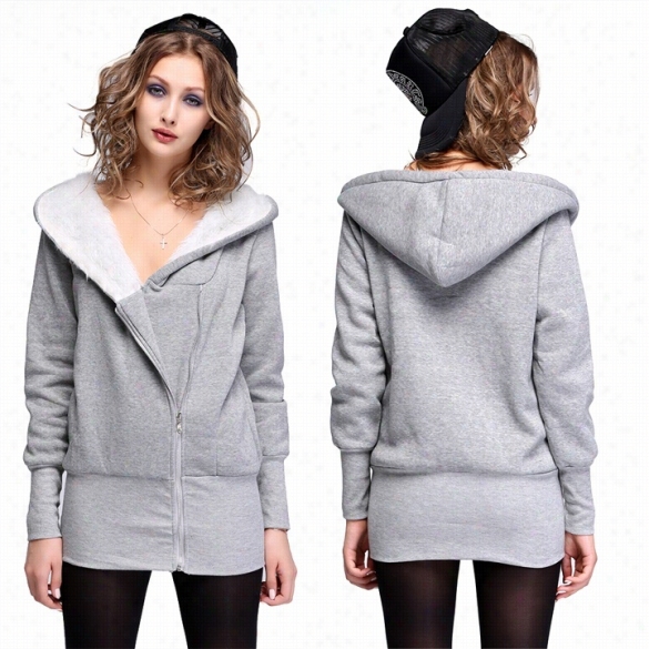 Korea Women's Girls Fashion Zip Hoodue Warm Long Hodoed Sweatshirt Jacket Coat Ooutwear Grey