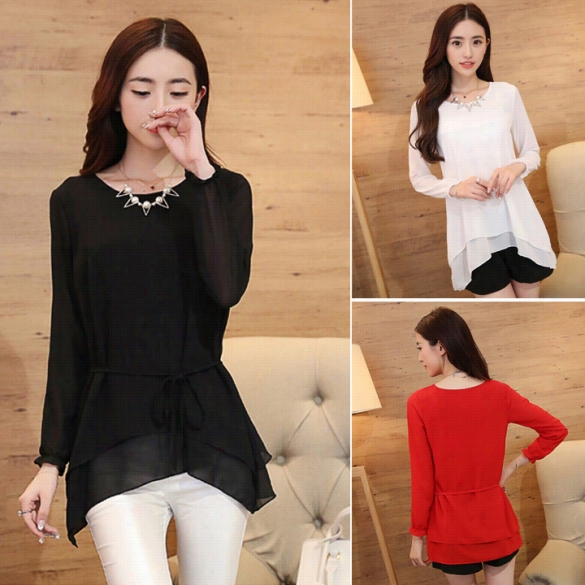 Lady Women Casual New Fashion Long Sleeve O-neck Tops Blouse Chiffon Shirt