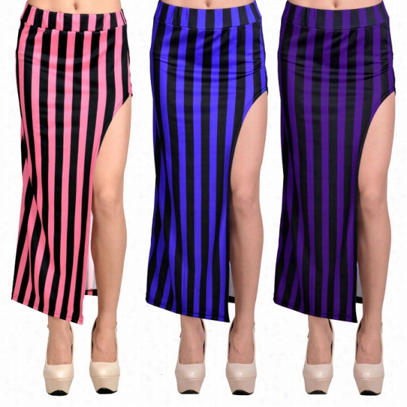 Lady Women Sexy High Waist Side Open Leg Sli Tsplit Lon G Maxi Edge Striped Dress Hot