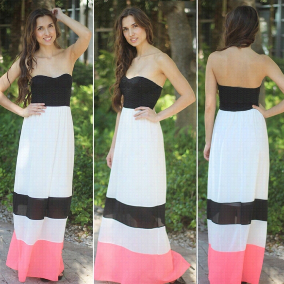 Lady Women Sexy Sleegeless Strapless Abstruse Waist Patchhwork Maxi Beach Casual Chifffon Dress