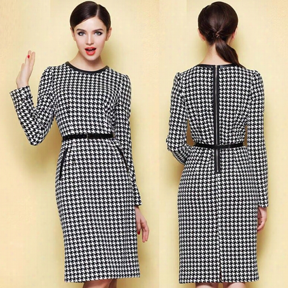 Long Sleeve Knee Length Vintage Style Houndstooth Dress Party O Ffice Fashion Pencil Adorn