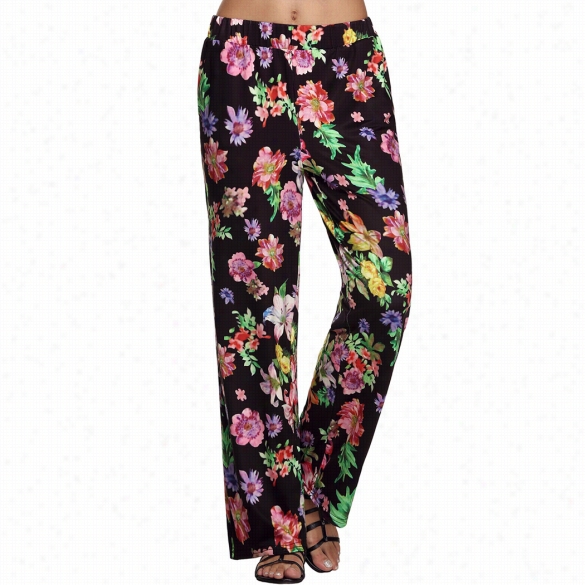 Meaneor Fashion Women Straight Pants Elastic Waist Casual Loose Print Long Pockeets Trousers