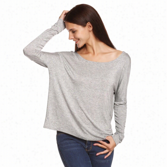 Meaneor Woemn Fashion Casua Loose Rond  Neck Long Batwing Sleeve Solid Stretch T Shirt Tops