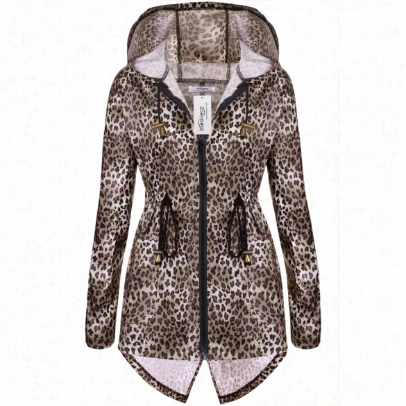 Meaneor Women Fashion Leopard Fishtail Waist Drawstring Hooded Long Rraaincoat