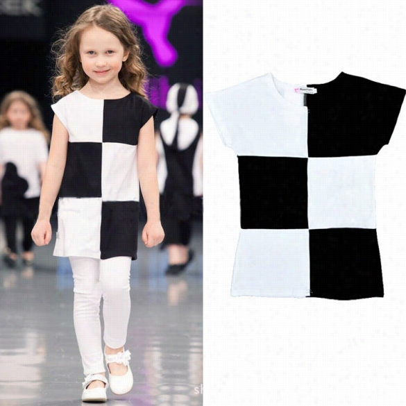 New Children Kisd Girl's Wear Casual Leisure Cap Sleeve Black And White Plaid T-shirt