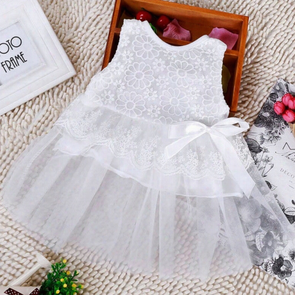 New Cute Kids Girls Fashion Korean Style O-neck Sleeveless L Ace Net Yarn Patchwork Multilayer Dress