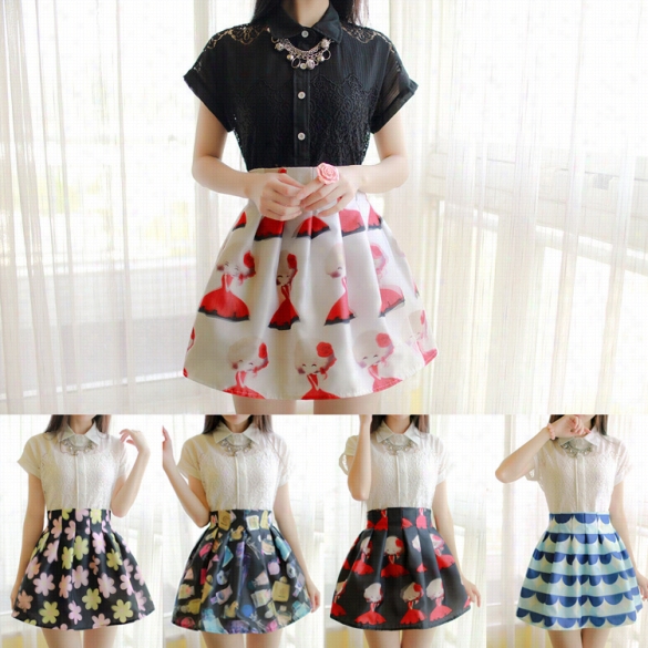 New Fashion European Style Women's High Elastic Waist Printed Mini Skirt