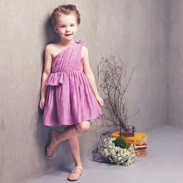 New Fashion Kids Chiiodren Girl's Wear Sleeveless One Shoulder Short Dress