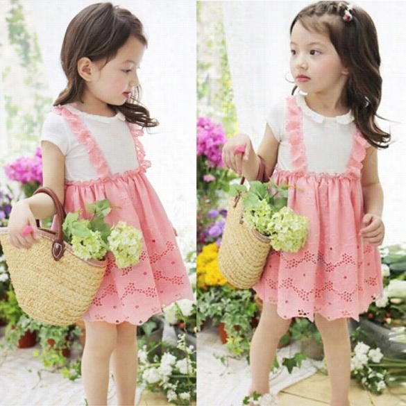 New  Fashion Kids Girl's Faux 2pcs Dress Short Sleeveo-neck  High Waist Patchwork A-line Dress