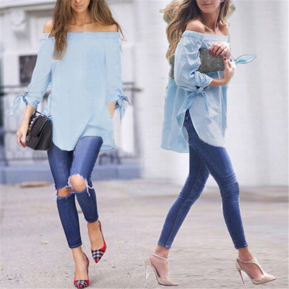 New Fashion Women Ladies Fof-shoulder 3"4 Sleeve Pure Color Casualleisure Club Loose Tops Blouse