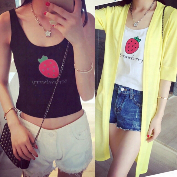 New Fashion Women O-neck Sleeveless Fruit Print Casual Short Tank Top