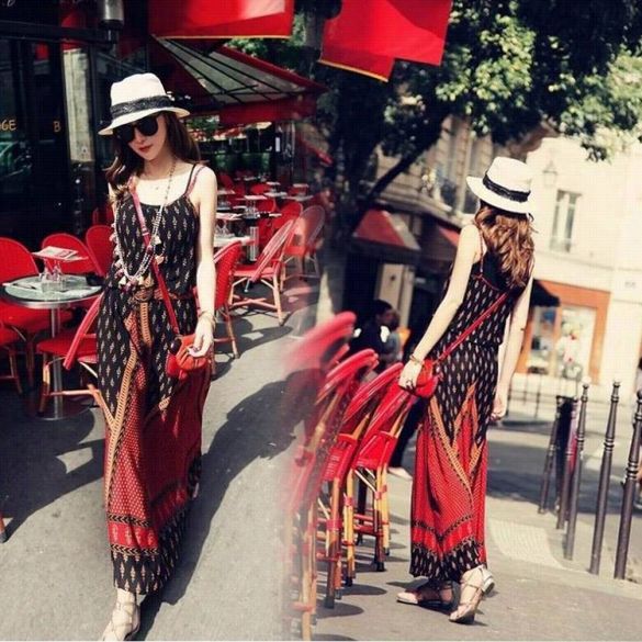 New Fashion Women O-neck Sleeveless Loose Spaghetti Strap Vintage Style Full Length Dress