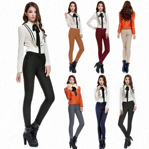 New Fashion Women''s Candy Color Faux Velvet Extend Pencil Pants Casual Slim Trousers