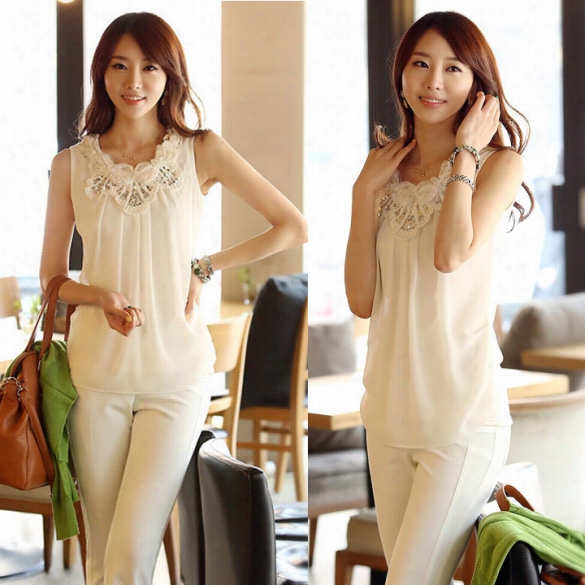 New Fashion Women's Sleeveless White Eldgant Irregular Sequin Chiffon Blouse Top Shirt