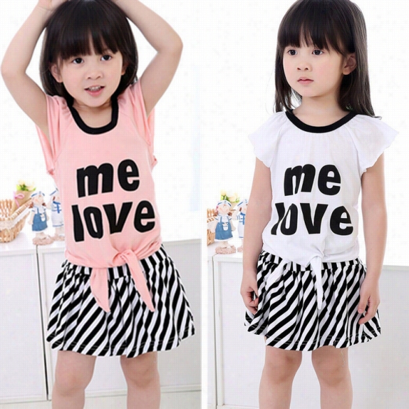 New Kids Girl Fashion Two Pieces Casual Cap Sleeve  Eltters Print T-shirt Tops And Striped Skirt