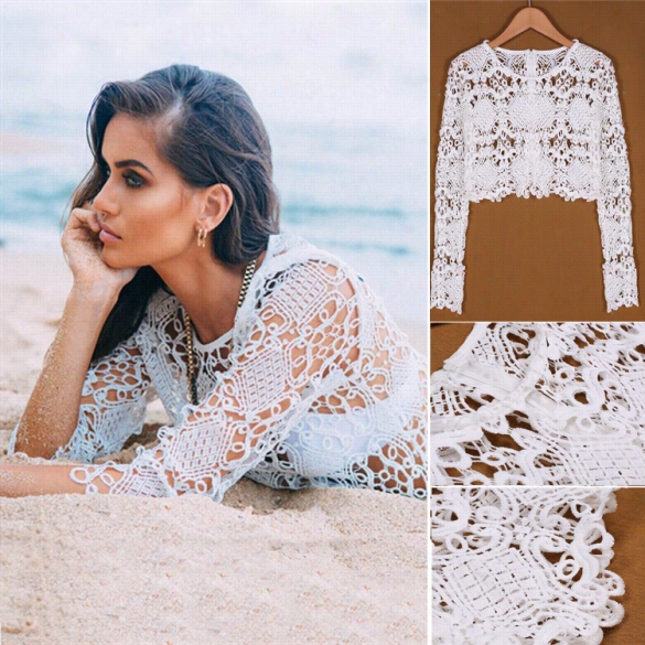 Starting A~ Ladies Women Casual Lace Hollow Out Rcochet Beach Cver Up Knti Crop Top Blouse