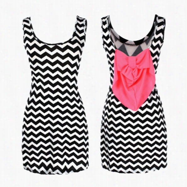 New Lady Women's Sexy Spandex -neck Sleeveless Wave Print Bowknot Mini Dress