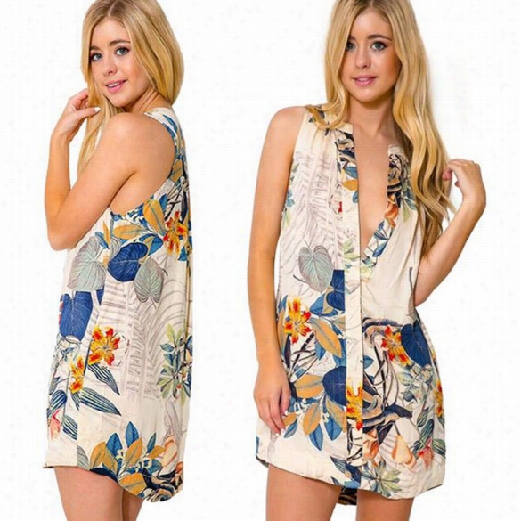 New Lady Women'sinvisiblw Button Floral Print Sleeveless Deep V Cardigan Dress