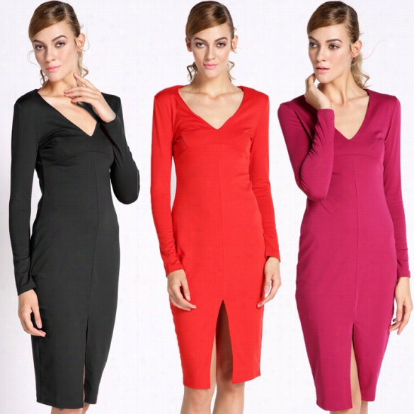 Ne W Long Lseeve Cocktail Women Midi Pencil Dress Cotton Bodycon Bandage Parties